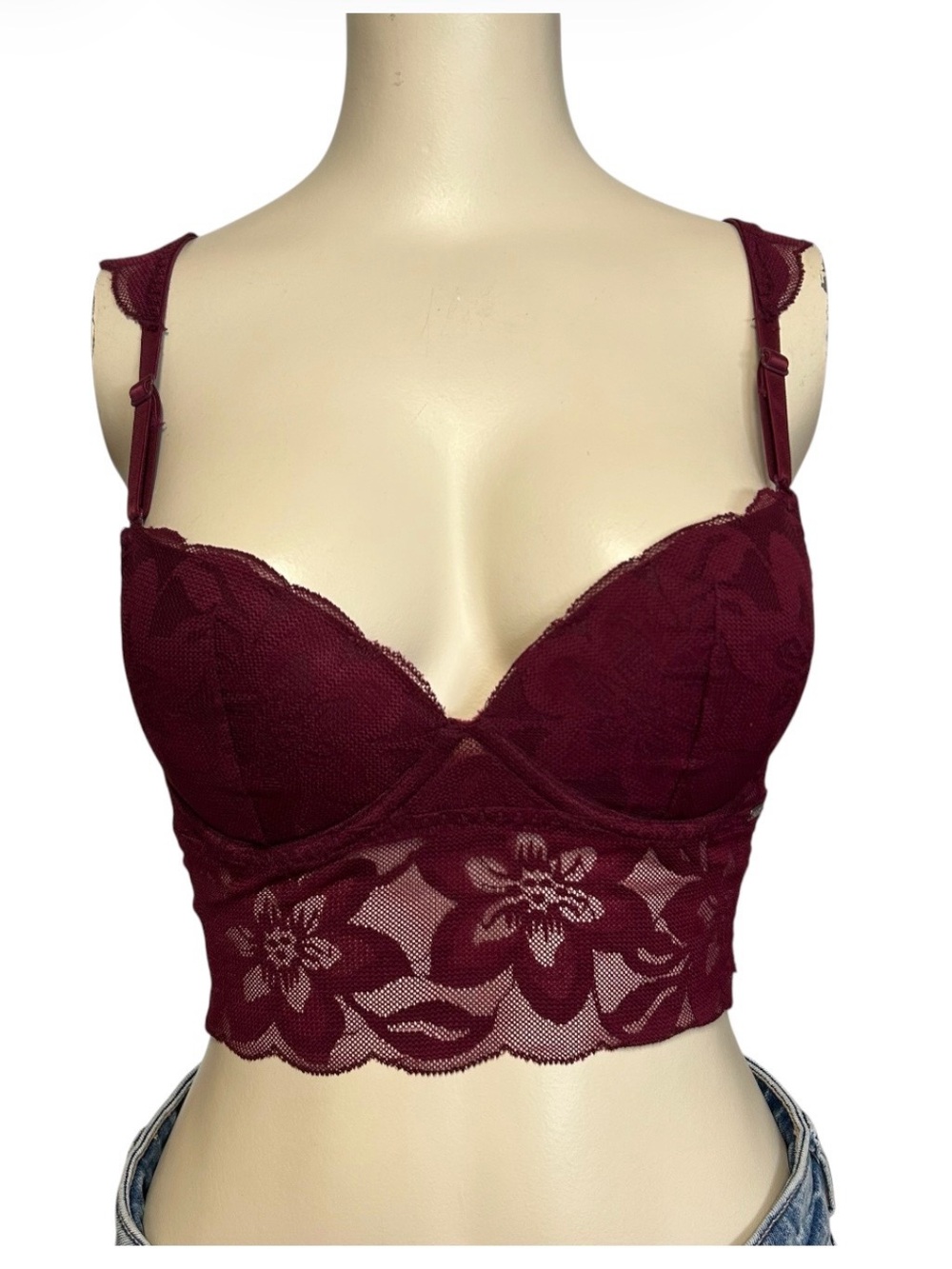 PINK Victoria's Secret Womens Burgundy Lace Push-Up Wireless Bralette Floral XS
